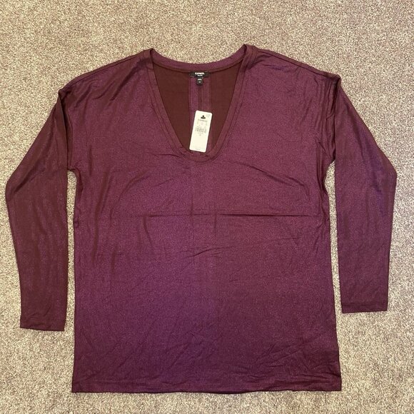 Express Women's Supersoft Relaxed Shine V-Neck Long Sleeve Tee Wine Size XS NWT - Picture 5 of 13
